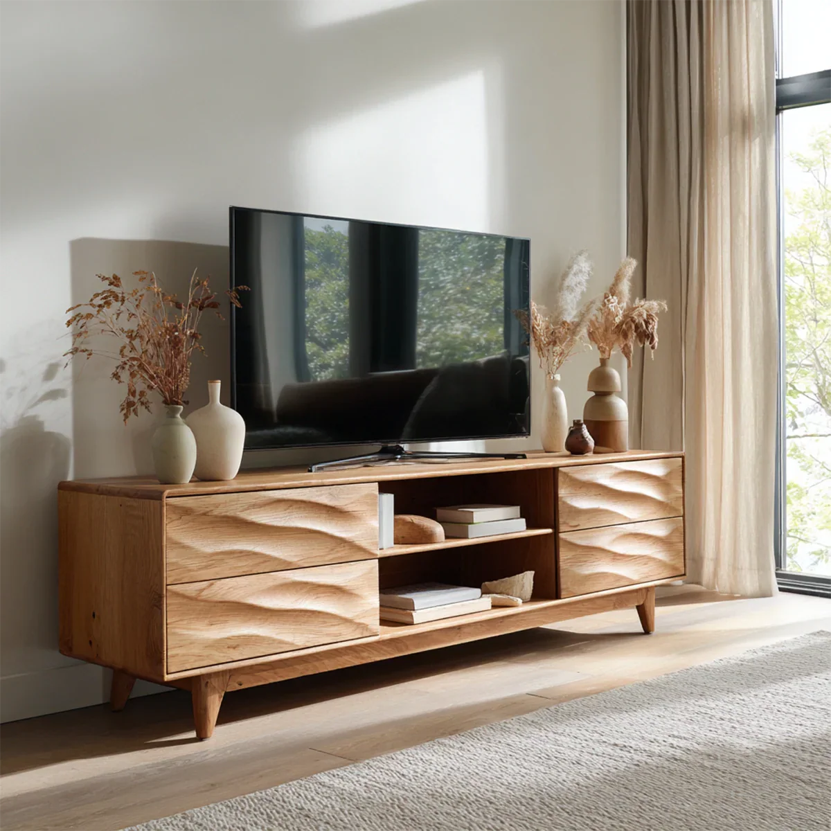 Handcrafted Solid Wood TV Stand with Sculpted Wave Drawers and Mid Century Frame - Rustiracraft