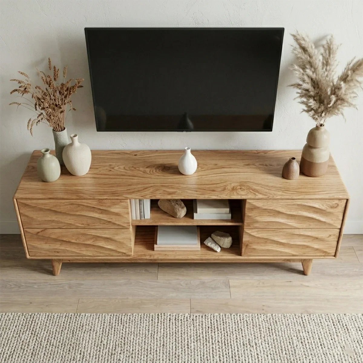 Handcrafted Solid Wood TV Stand with Sculpted Wave Drawers and Mid Century Frame - Rustiracraft