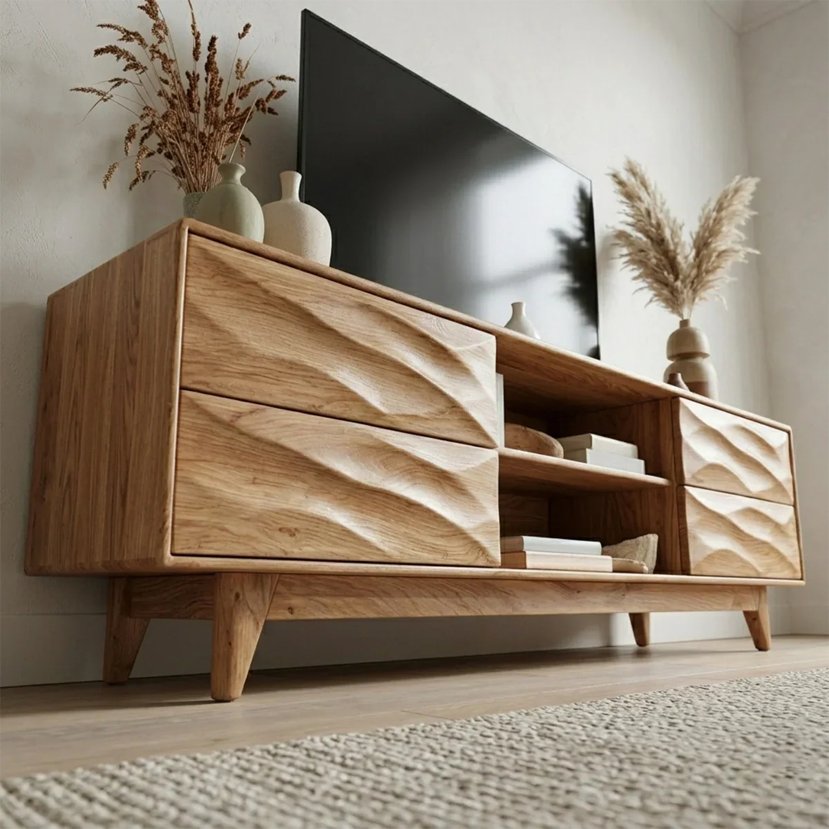 Handcrafted Solid Wood TV Stand with Sculpted Wave Drawers and Mid Century Frame - Rustiracraft
