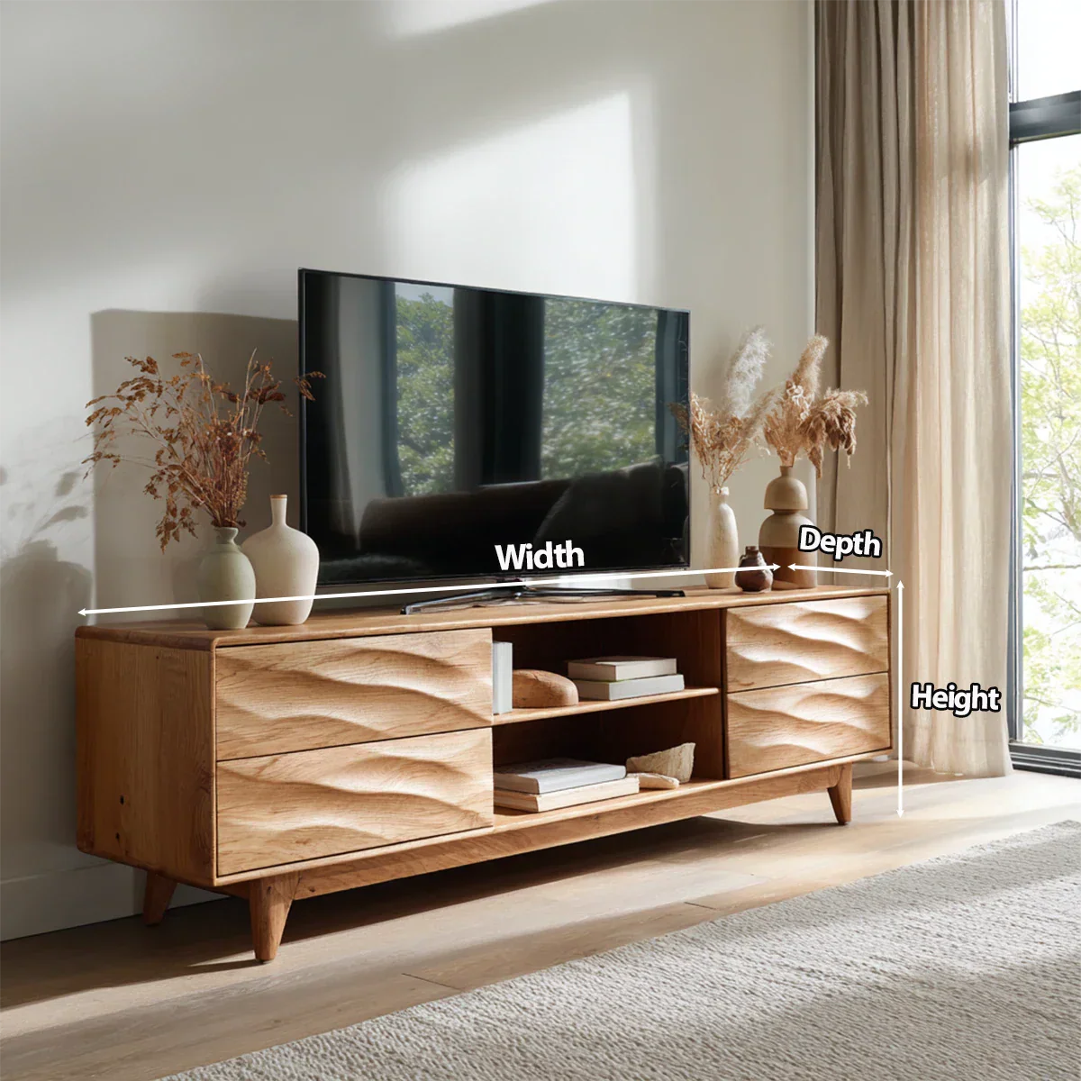 Handcrafted Solid Wood TV Stand with Sculpted Wave Drawers and Mid Century Frame - Rustiracraft