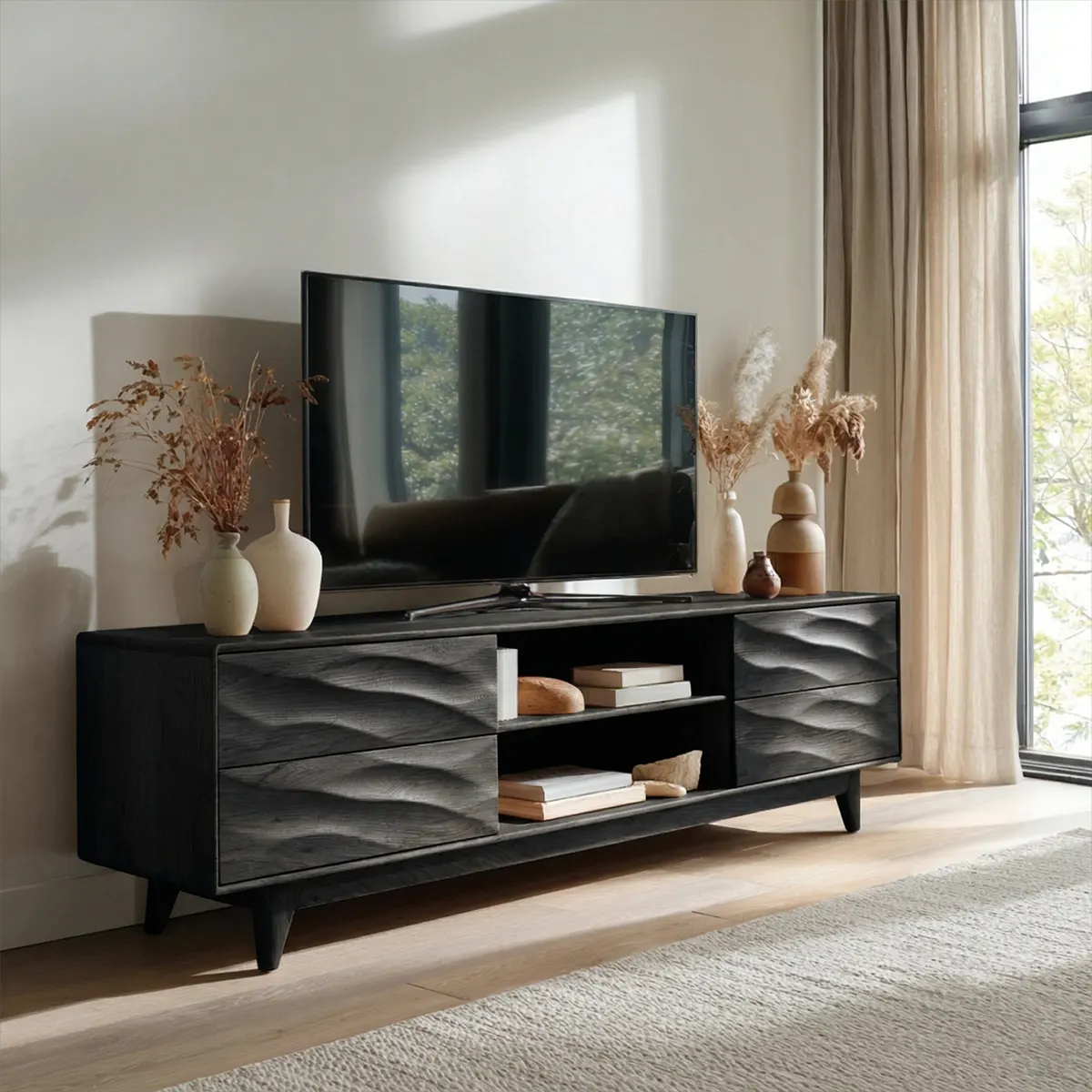 Handcrafted Solid Wood TV Stand with Sculpted Wave Drawers and Mid Century Frame - Rustiracraft