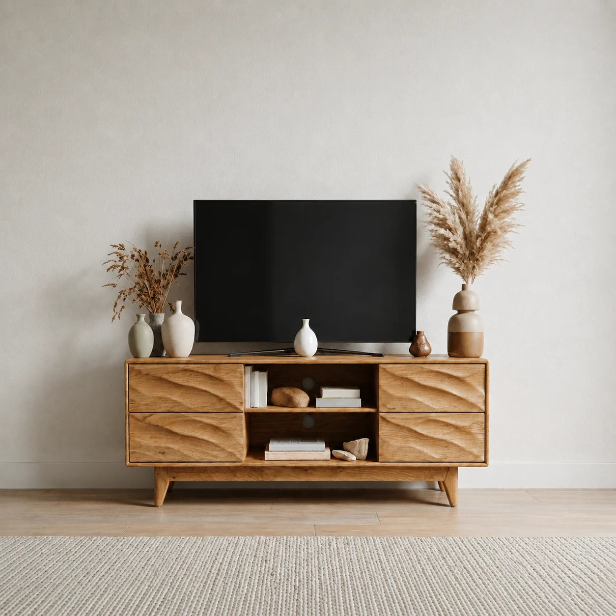 Handcrafted Solid Wood TV Stand with Sculpted Wave Drawers and Mid Century Frame - Rustiracraft