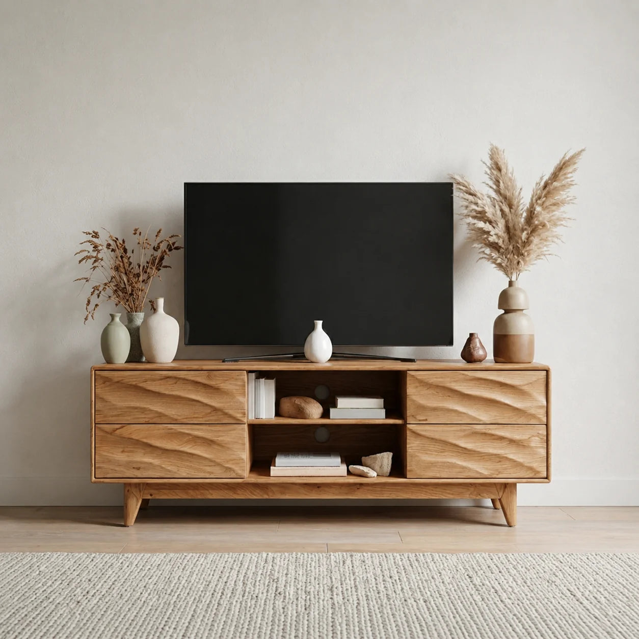 Handcrafted Solid Wood TV Stand with Sculpted Wave Drawers and Mid Century Frame - Rustiracraft