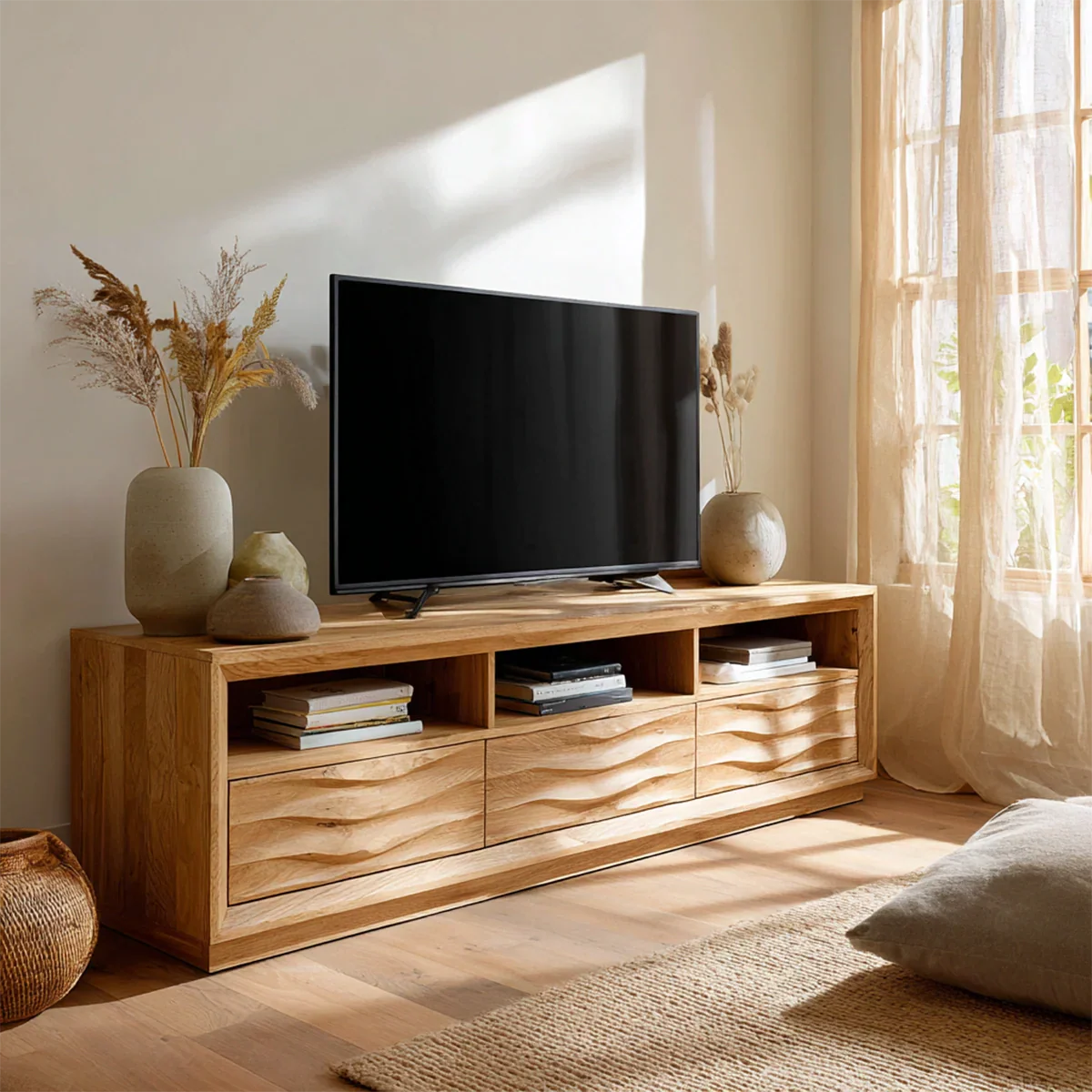 Handcrafted Solid Wood TV Stand with Sculpted Wave Drawers and Multi Open Media Compartments - Rustiracraft