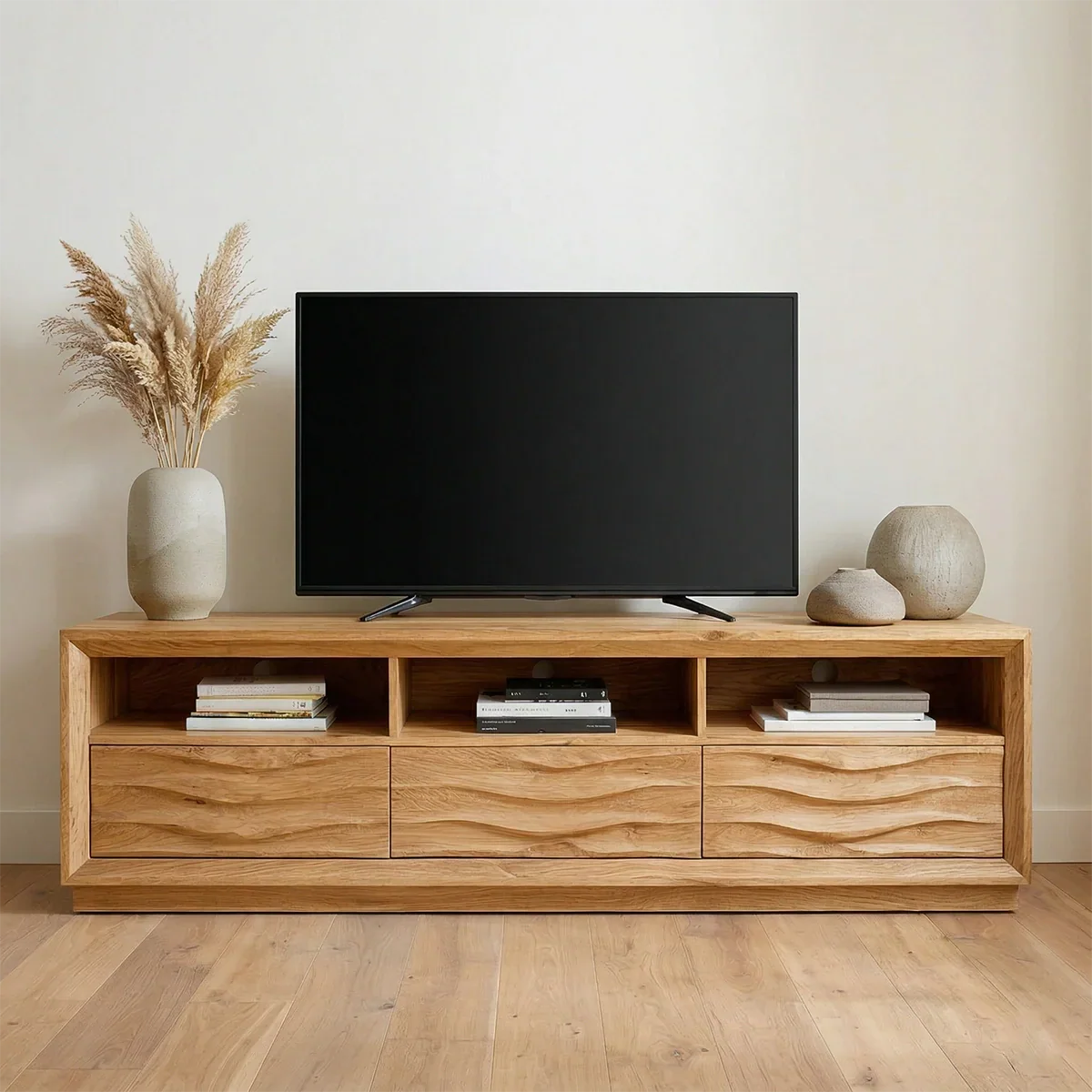 Handcrafted Solid Wood TV Stand with Sculpted Wave Drawers and Multi Open Media Compartments - Rustiracraft