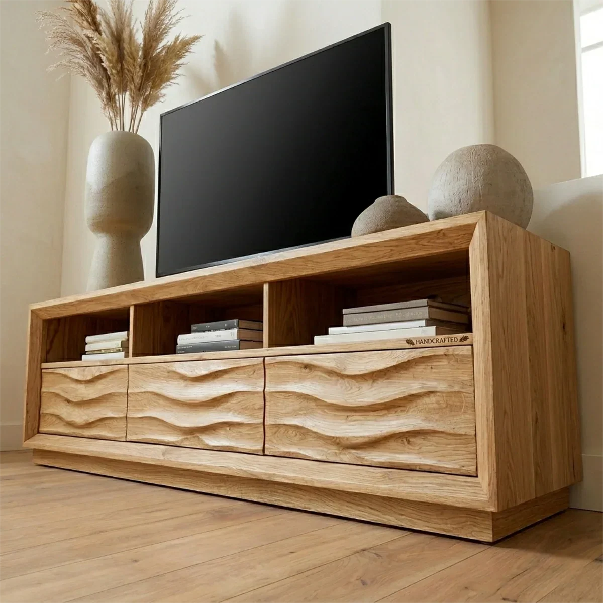 Handcrafted Solid Wood TV Stand with Sculpted Wave Drawers and Multi Open Media Compartments - Rustiracraft