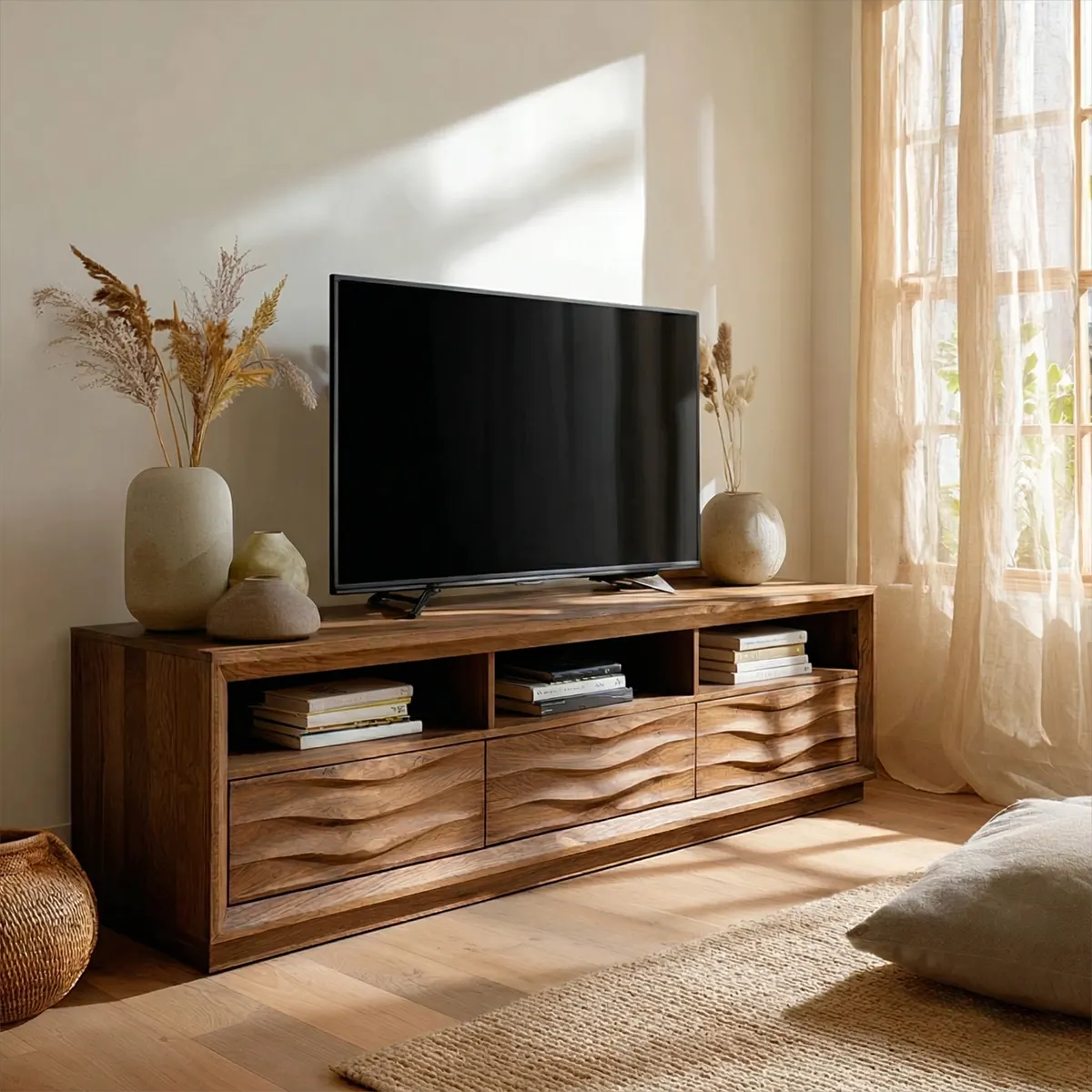 Handcrafted Solid Wood TV Stand with Sculpted Wave Drawers and Multi Open Media Compartments - Rustiracraft