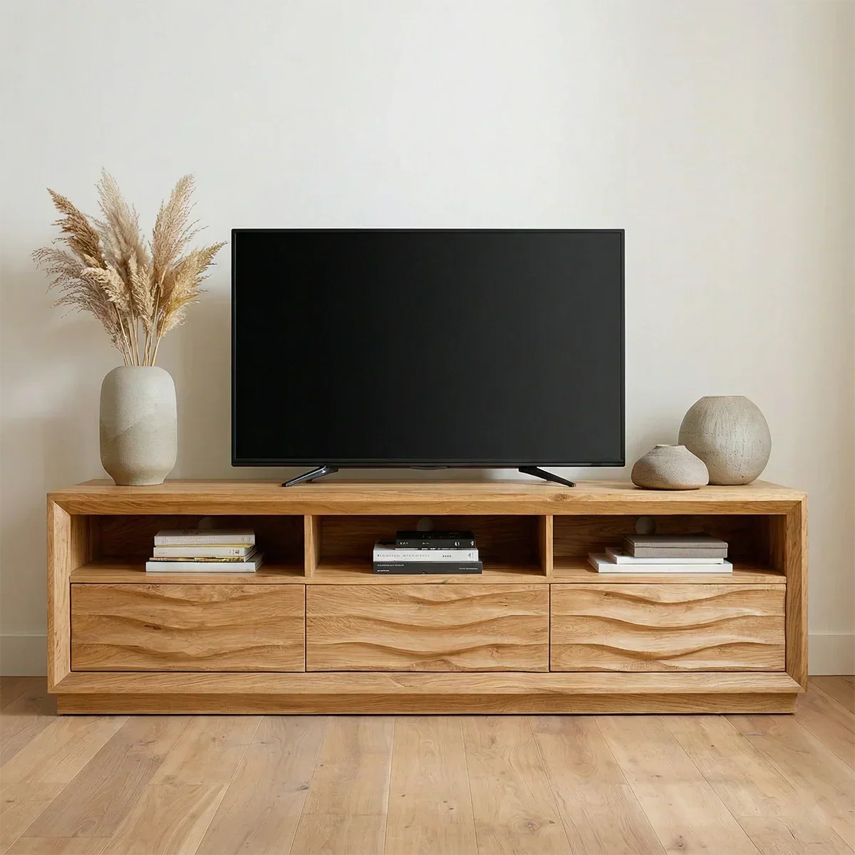 Handcrafted Solid Wood TV Stand with Sculpted Wave Drawers and Multi Open Media Compartments - Rustiracraft