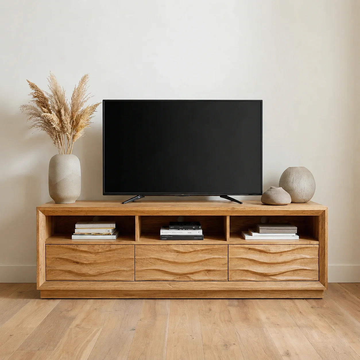 Handcrafted Solid Wood TV Stand with Sculpted Wave Drawers and Multi Open Media Compartments - Rustiracraft