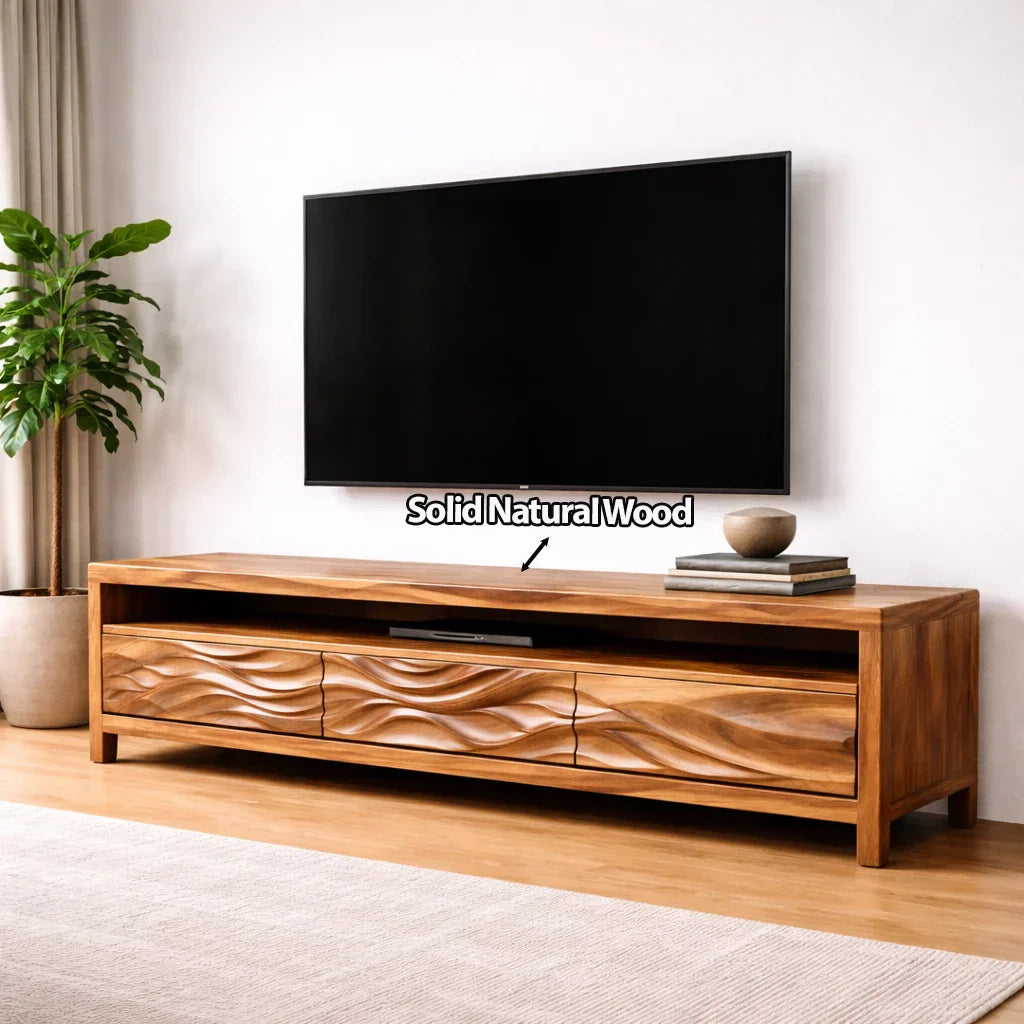 Handcrafted Solid Wood TV Stand with Sculpted Wave Drawers and Open Media Shelf - Rustiracraft