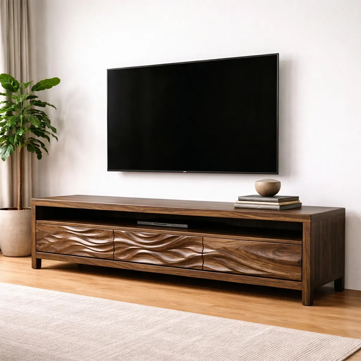 Handcrafted Solid Wood TV Stand with Sculpted Wave Drawers and Open Media Shelf - Rustiracraft