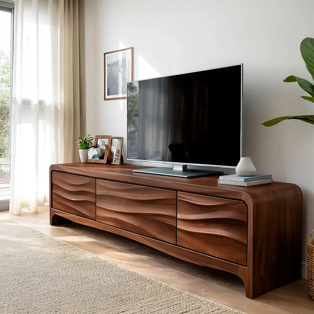 Handcrafted Solid Wood TV Stand with Sculpted Wave Panels and Rounded Frame Design - Rustiracraft