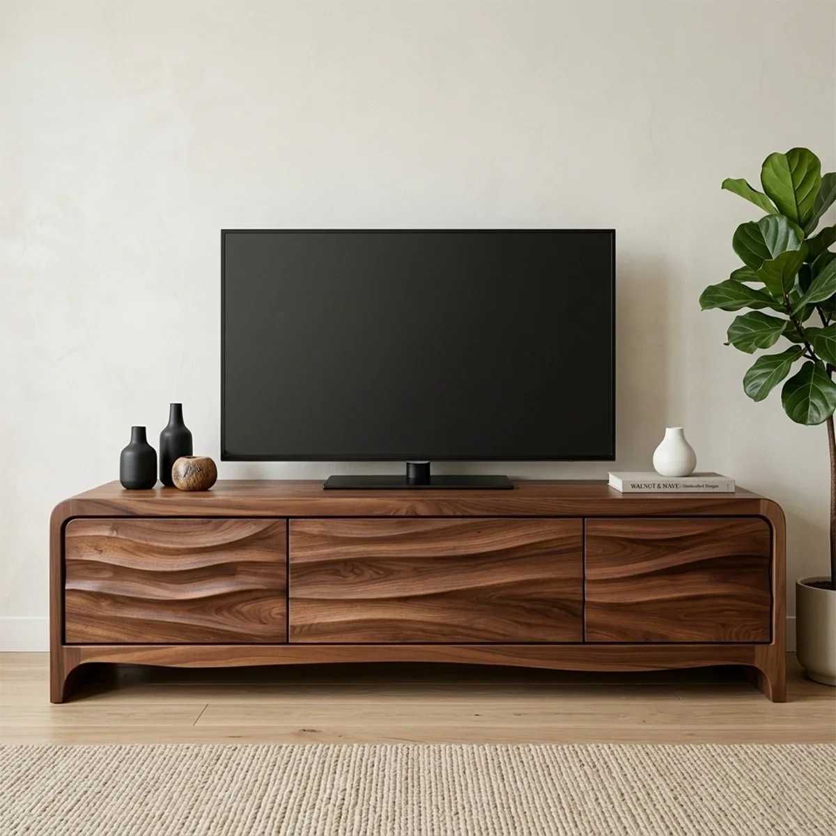 Handcrafted Solid Wood TV Stand with Sculpted Wave Panels and Rounded Frame Design - Rustiracraft