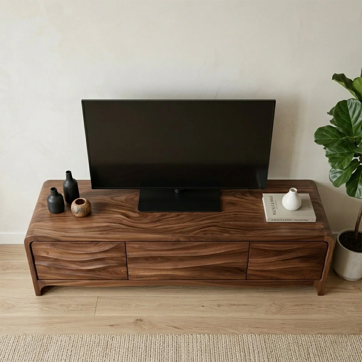 Handcrafted Solid Wood TV Stand with Sculpted Wave Panels and Rounded Frame Design - Rustiracraft
