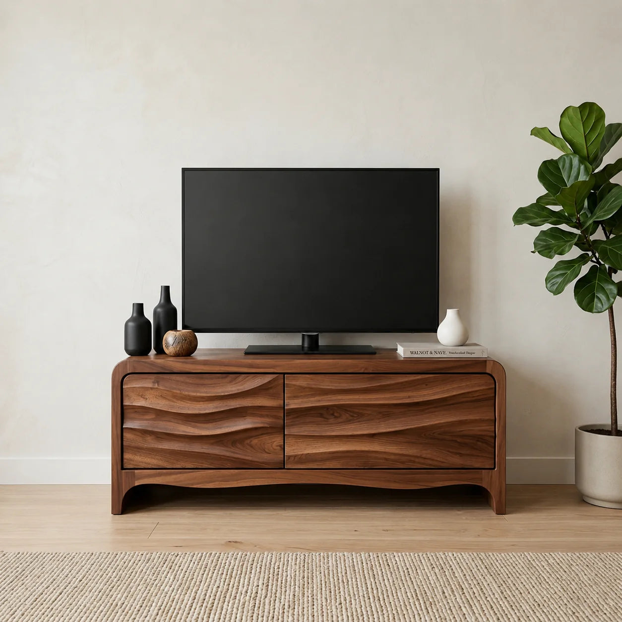 Handcrafted Solid Wood TV Stand with Sculpted Wave Panels and Rounded Frame Design - Rustiracraft