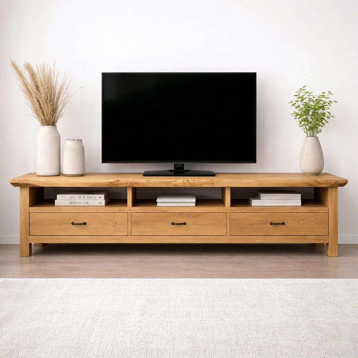Handcrafted Solid Wood TV Stand with Spacious Drawers and Open Media Storage - Rustiracraft