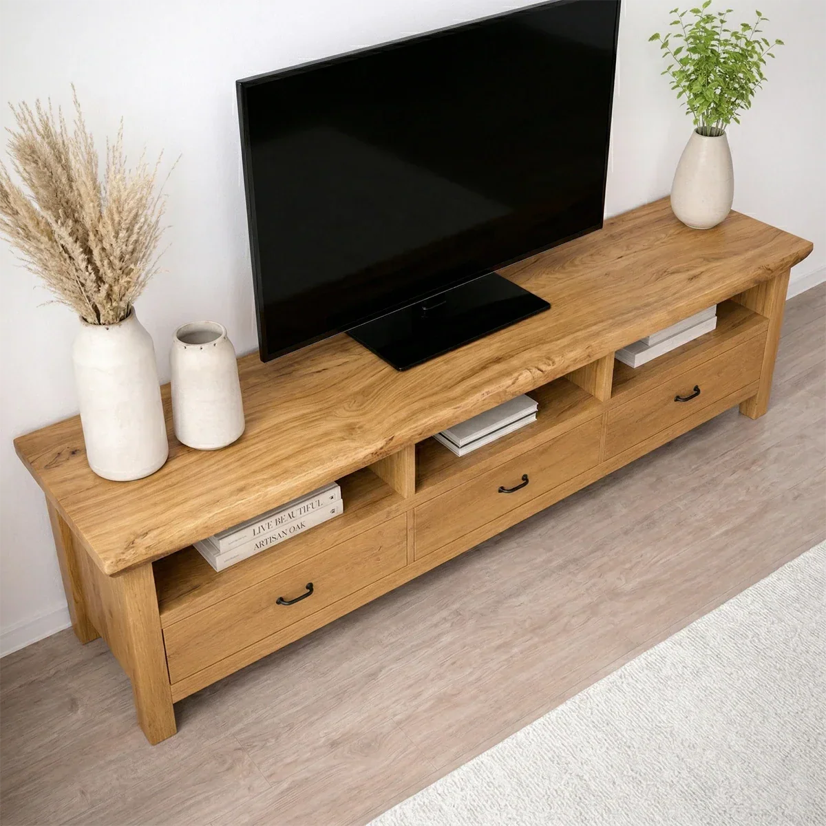 Handcrafted Solid Wood TV Stand with Spacious Drawers and Open Media Storage - Rustiracraft