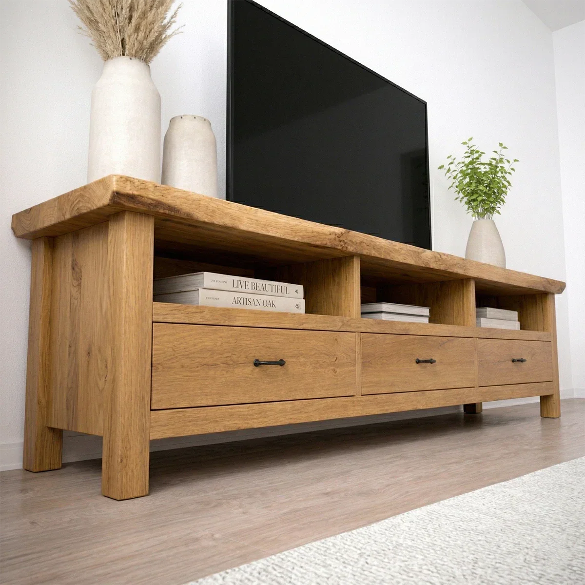 Handcrafted Solid Wood TV Stand with Spacious Drawers and Open Media Storage - Rustiracraft