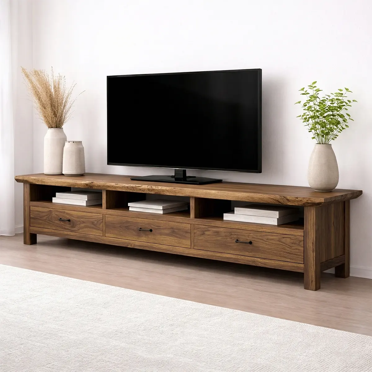 Handcrafted Solid Wood TV Stand with Spacious Drawers and Open Media Storage - Rustiracraft