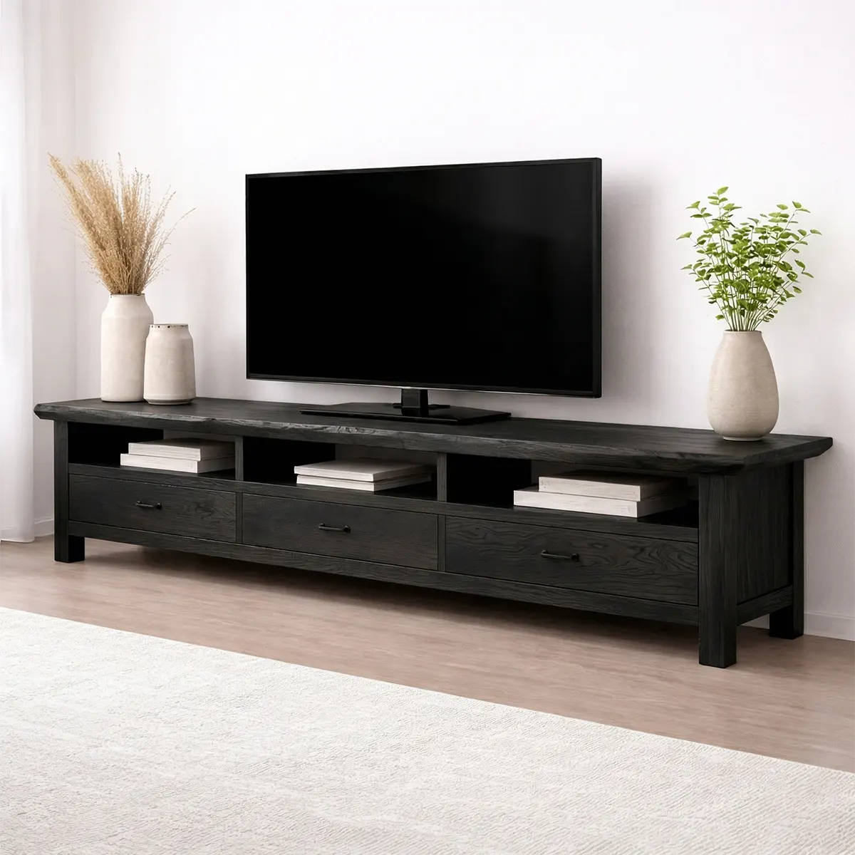 Handcrafted Solid Wood TV Stand with Spacious Drawers and Open Media Storage - Rustiracraft