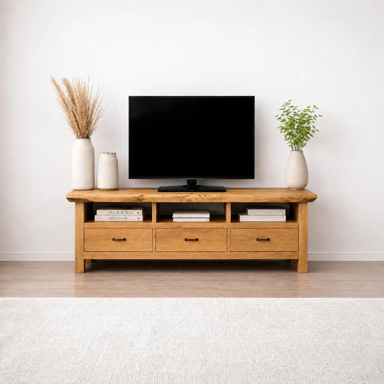 Handcrafted Solid Wood TV Stand with Spacious Drawers and Open Media Storage - Rustiracraft