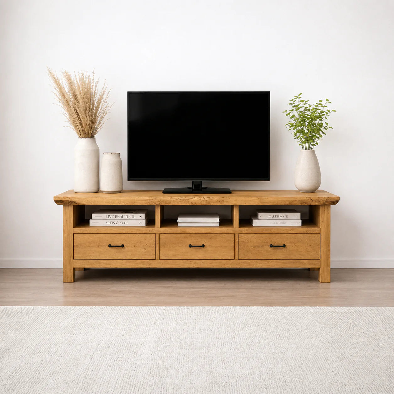 Handcrafted Solid Wood TV Stand with Spacious Drawers and Open Media Storage - Rustiracraft