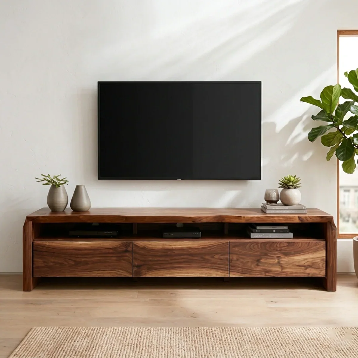 Handcrafted Solid Wood TV Stand with Thick Top and Curved Side Legs - Rustiracraft