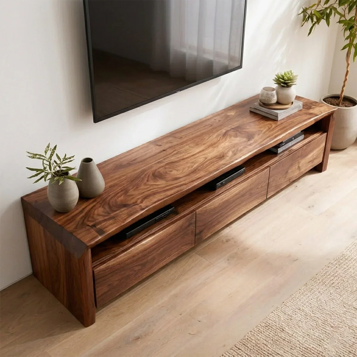 Handcrafted Solid Wood TV Stand with Thick Top and Curved Side Legs - Rustiracraft
