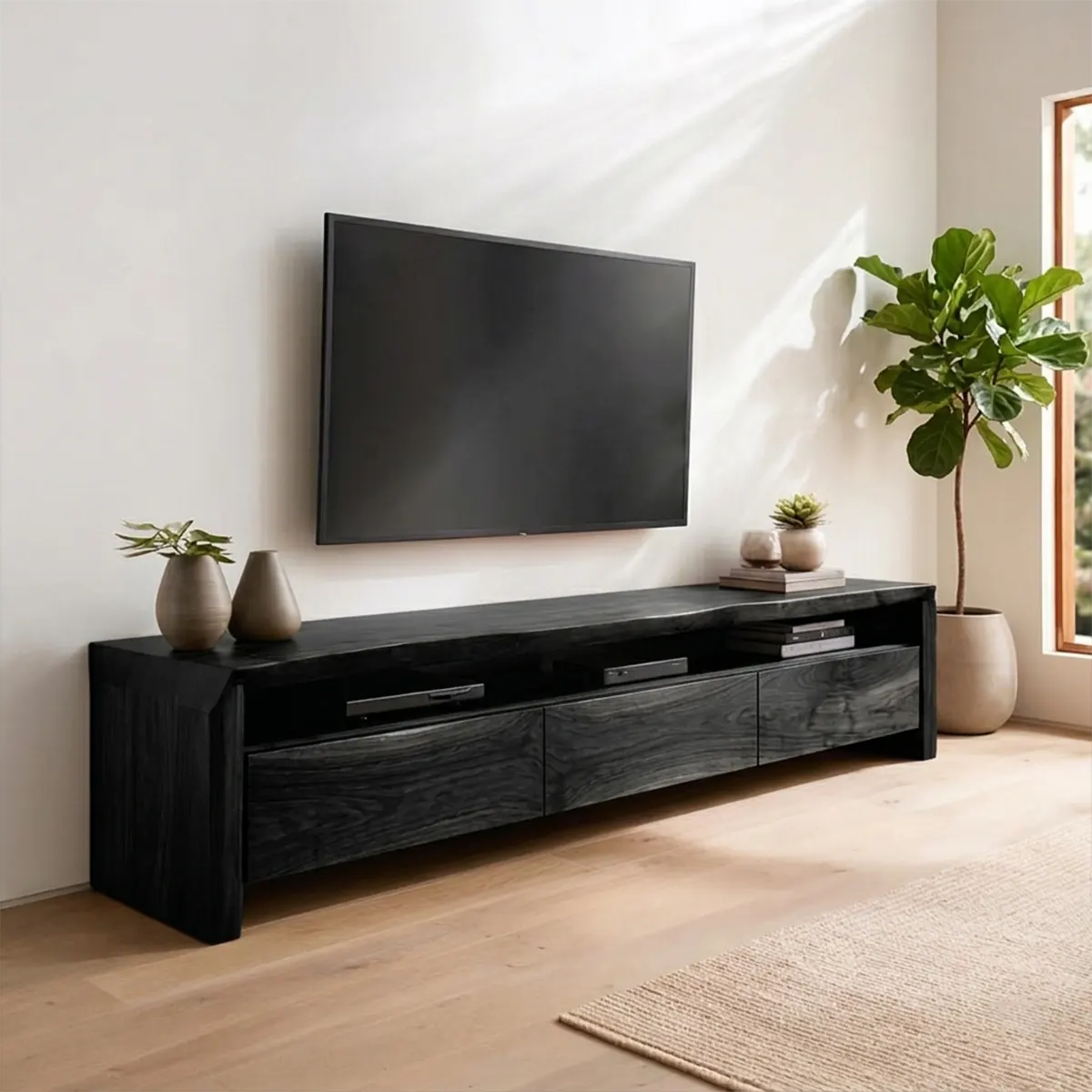 Handcrafted Solid Wood TV Stand with Thick Top and Curved Side Legs - Rustiracraft