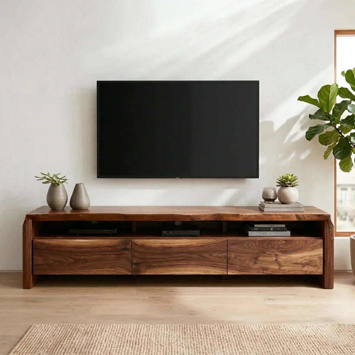 Handcrafted Solid Wood TV Stand with Thick Top and Curved Side Legs - Rustiracraft