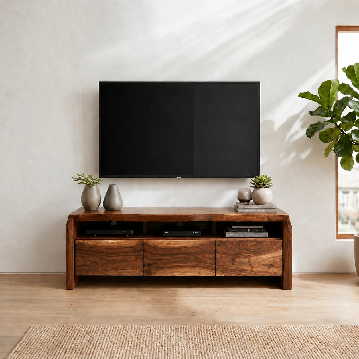 Handcrafted Solid Wood TV Stand with Thick Top and Curved Side Legs - Rustiracraft