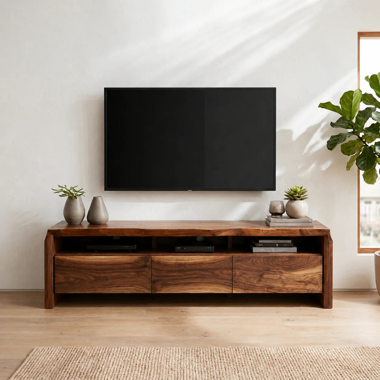 Handcrafted Solid Wood TV Stand with Thick Top and Curved Side Legs - Rustiracraft