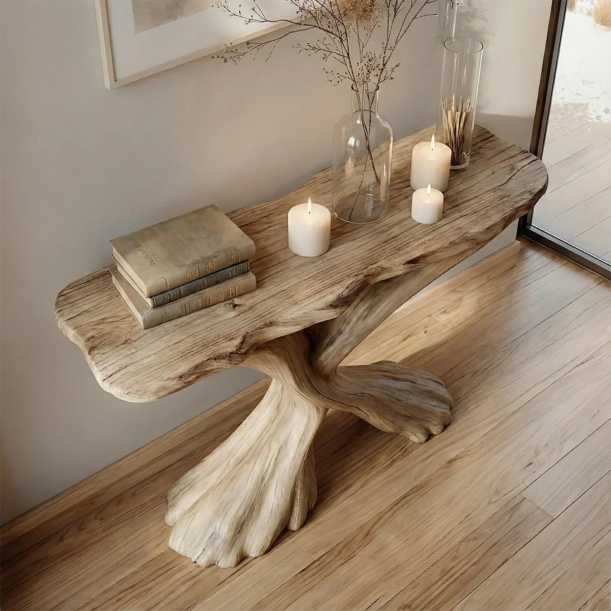 Handcrafted Solid Wood Twisted Sculptural Console – Japandi Art Form - Rustiracraft