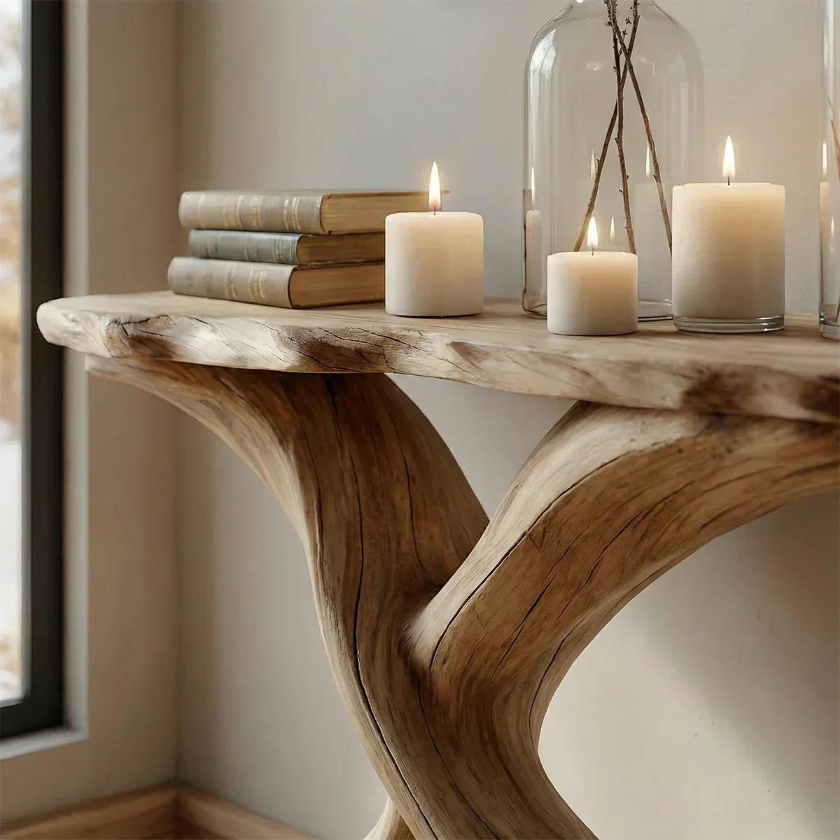 Handcrafted Solid Wood Twisted Sculptural Console – Japandi Art Form - Rustiracraft
