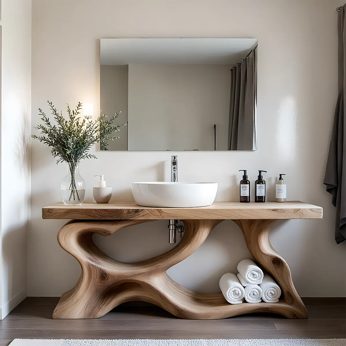 Handcrafted Solid Wood Vanity with Organic Curved Base - Rustiracraft