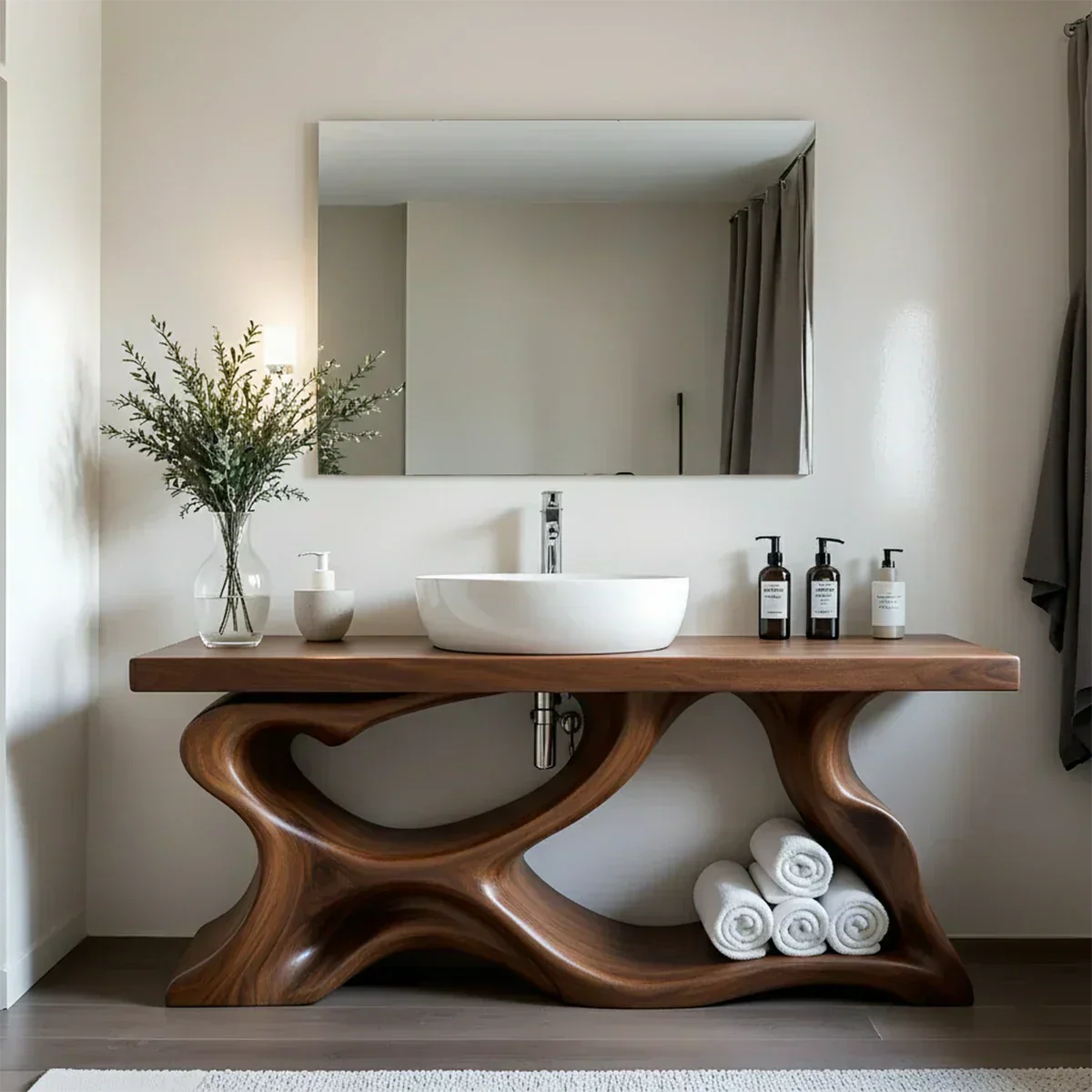 Handcrafted Solid Wood Vanity with Organic Curved Base - Rustiracraft