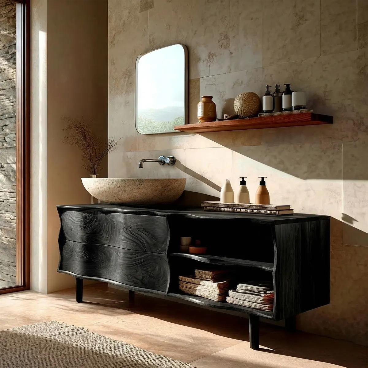 Handcrafted Traditional Bathroom Vanity Cabinet in Natural Solid Wood - Rustiracraft