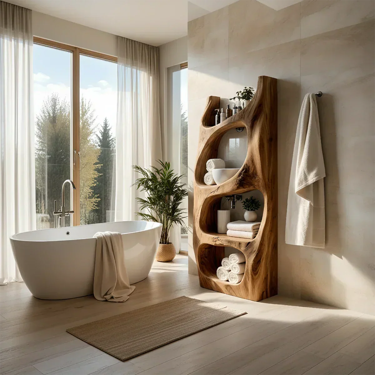Handmade Live Edge Solid Wood Bathroom Shelf Tower – Sculptural Storage - Rustiracraft
