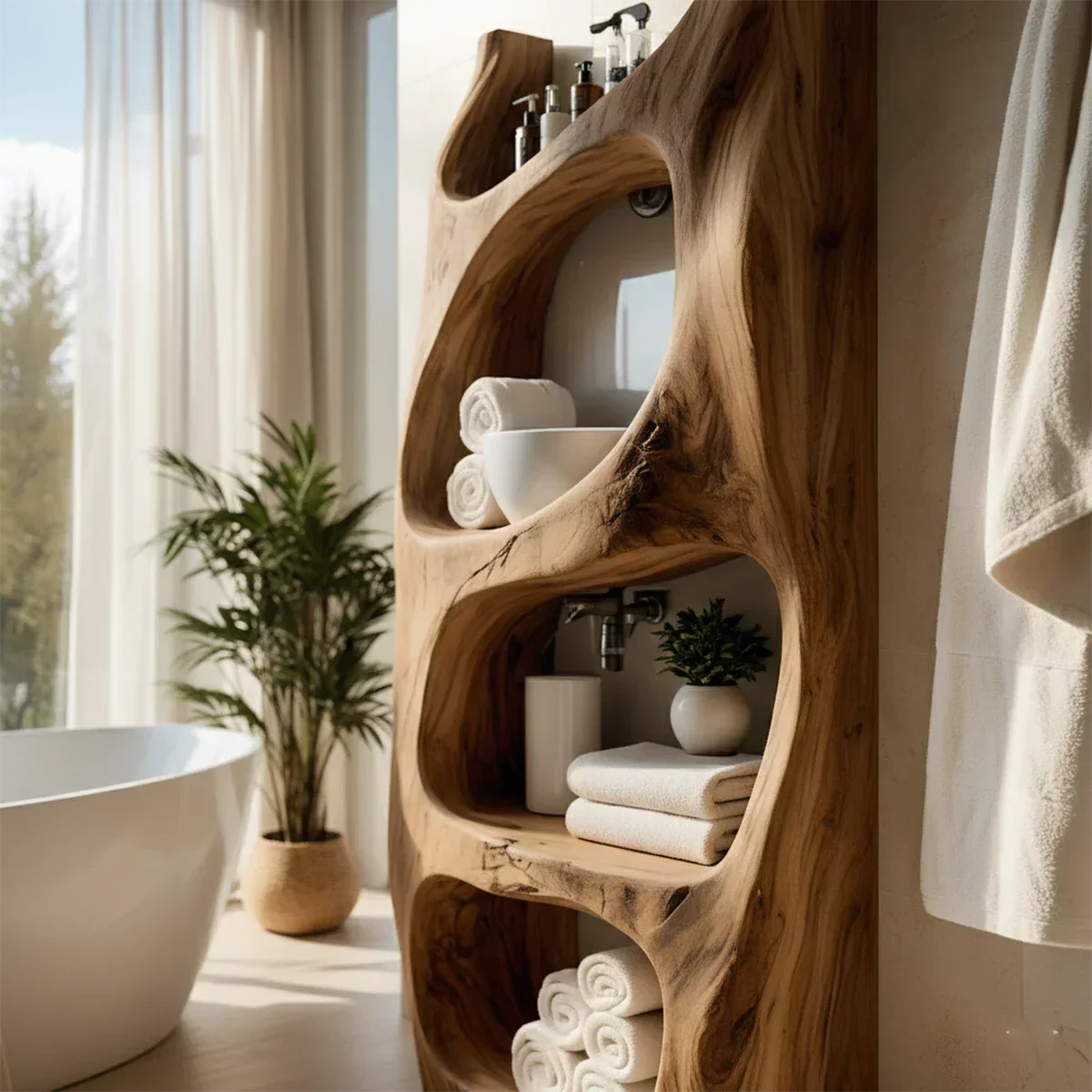 Handmade Live Edge Solid Wood Bathroom Shelf Tower – Sculptural Storage - Rustiracraft
