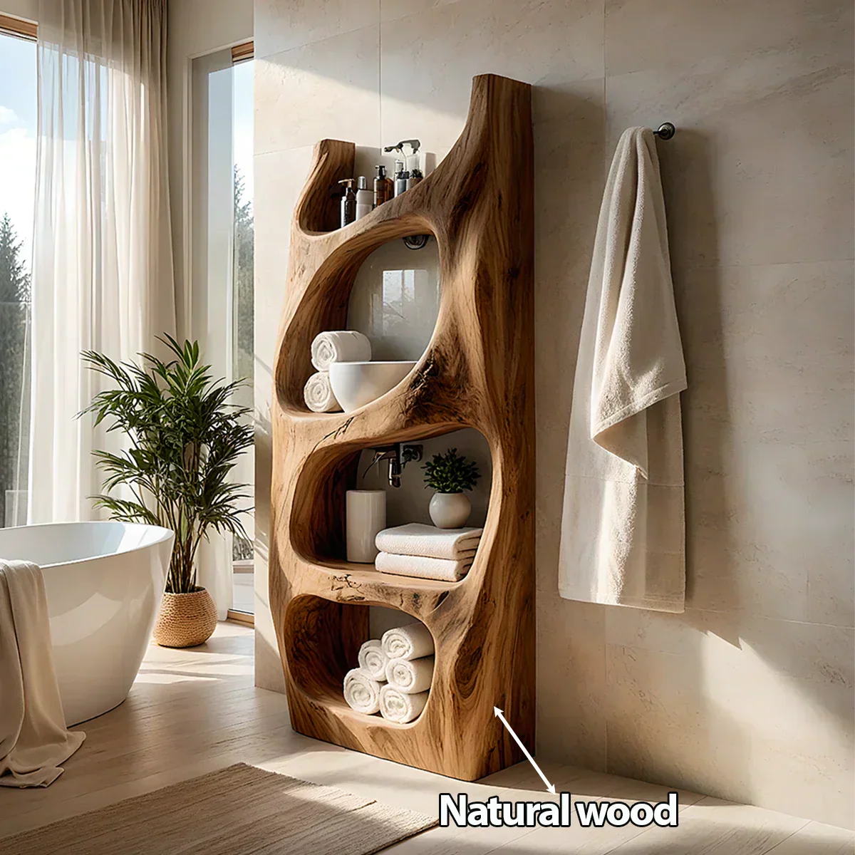 Handmade Live Edge Solid Wood Bathroom Shelf Tower – Sculptural Storage - Rustiracraft