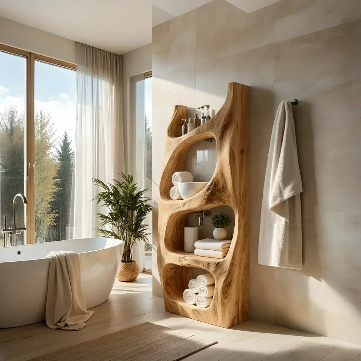 Handmade Live Edge Solid Wood Bathroom Shelf Tower – Sculptural Storage - Rustiracraft