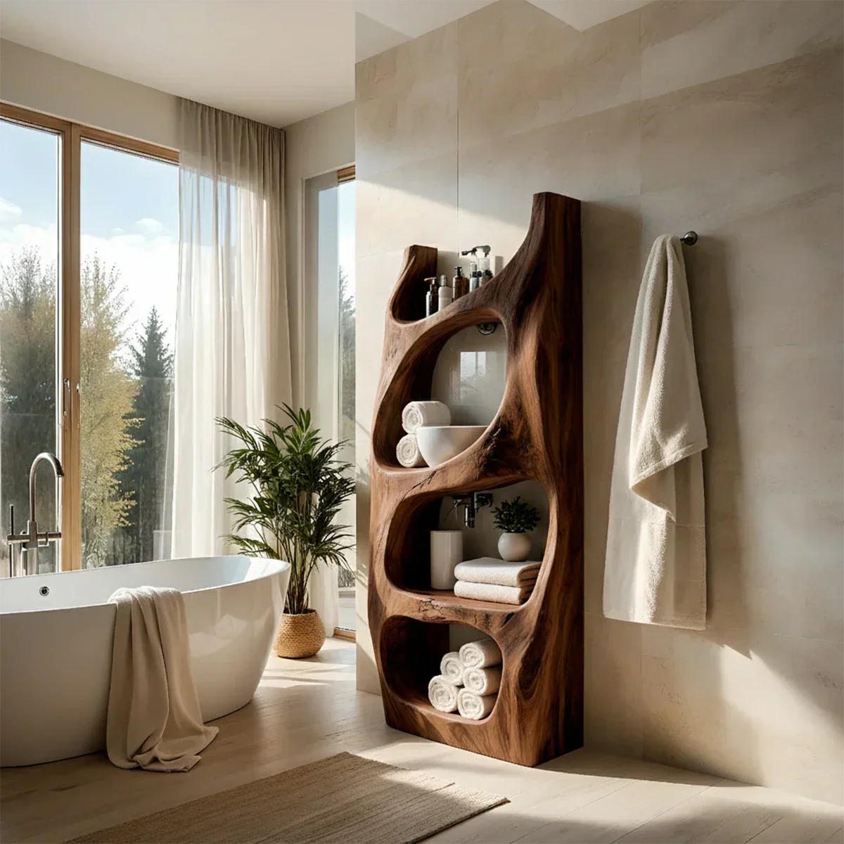 Handmade Live Edge Solid Wood Bathroom Shelf Tower – Sculptural Storage - Rustiracraft