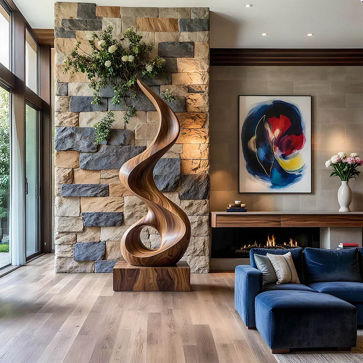 Handmade Solid Wood Abstract Sculpture – Tall Twisted Form - Rustiracraft