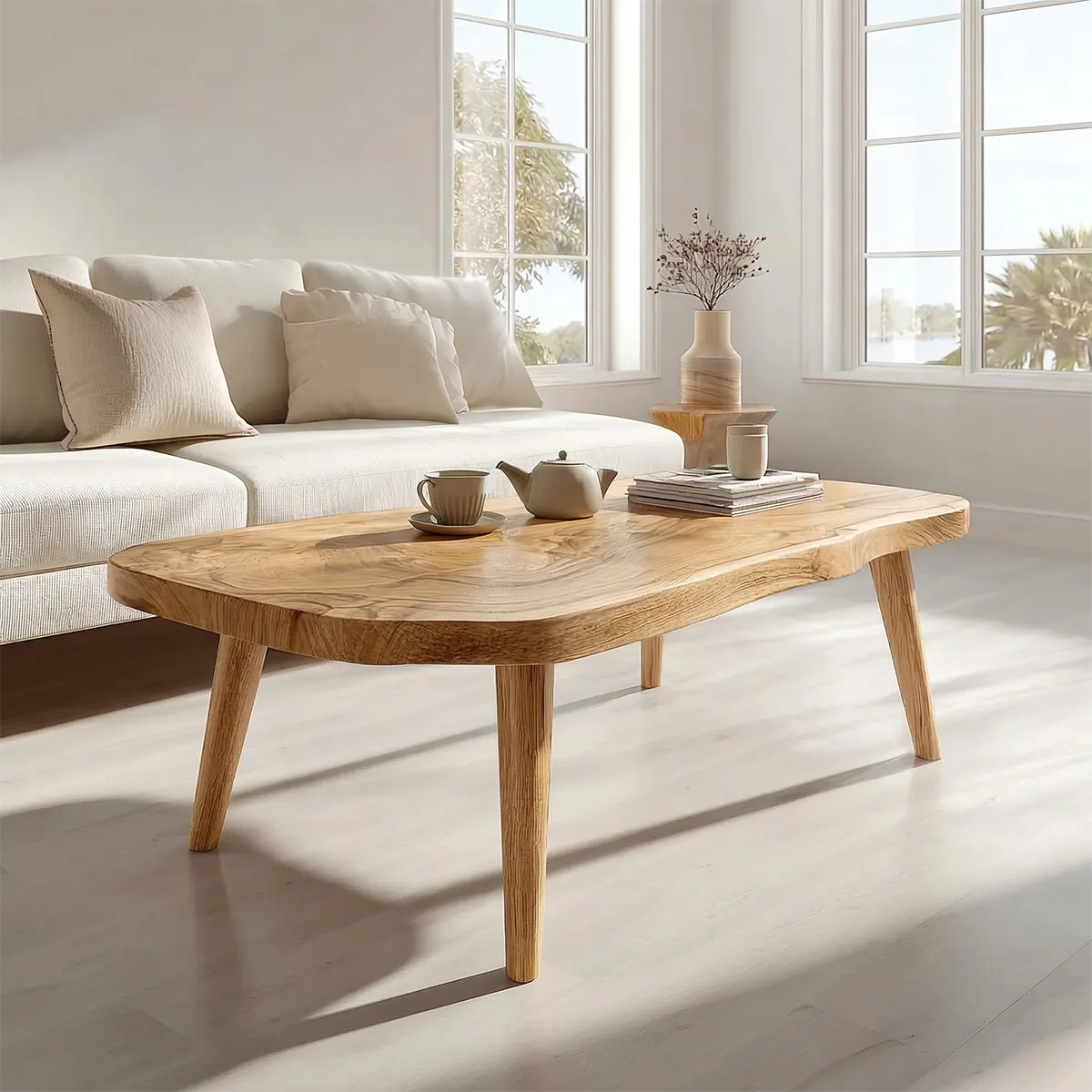Japandi Live Edge Coffee Table with Tapered Legs in Natural Solid Wood - Rustiracraft