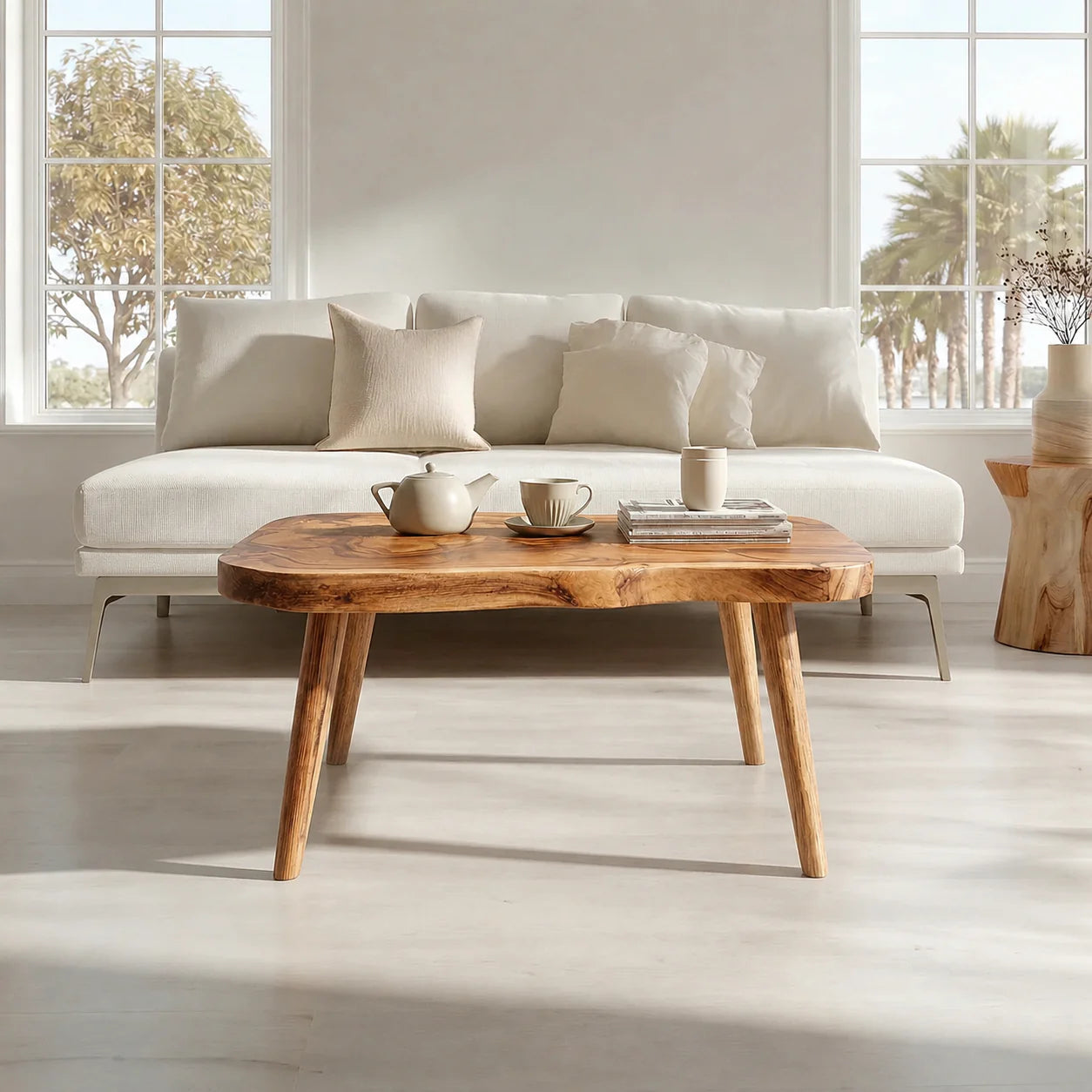 Japandi Live Edge Coffee Table with Tapered Legs in Natural Solid Wood - Rustiracraft