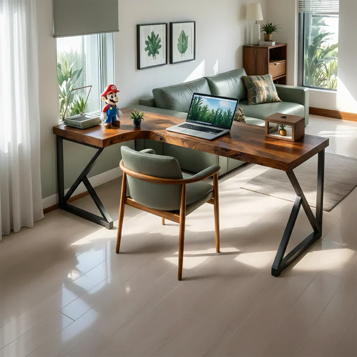 L-Shaped Solid Wood Desk with Steel Z-Frame - Rustiracraft