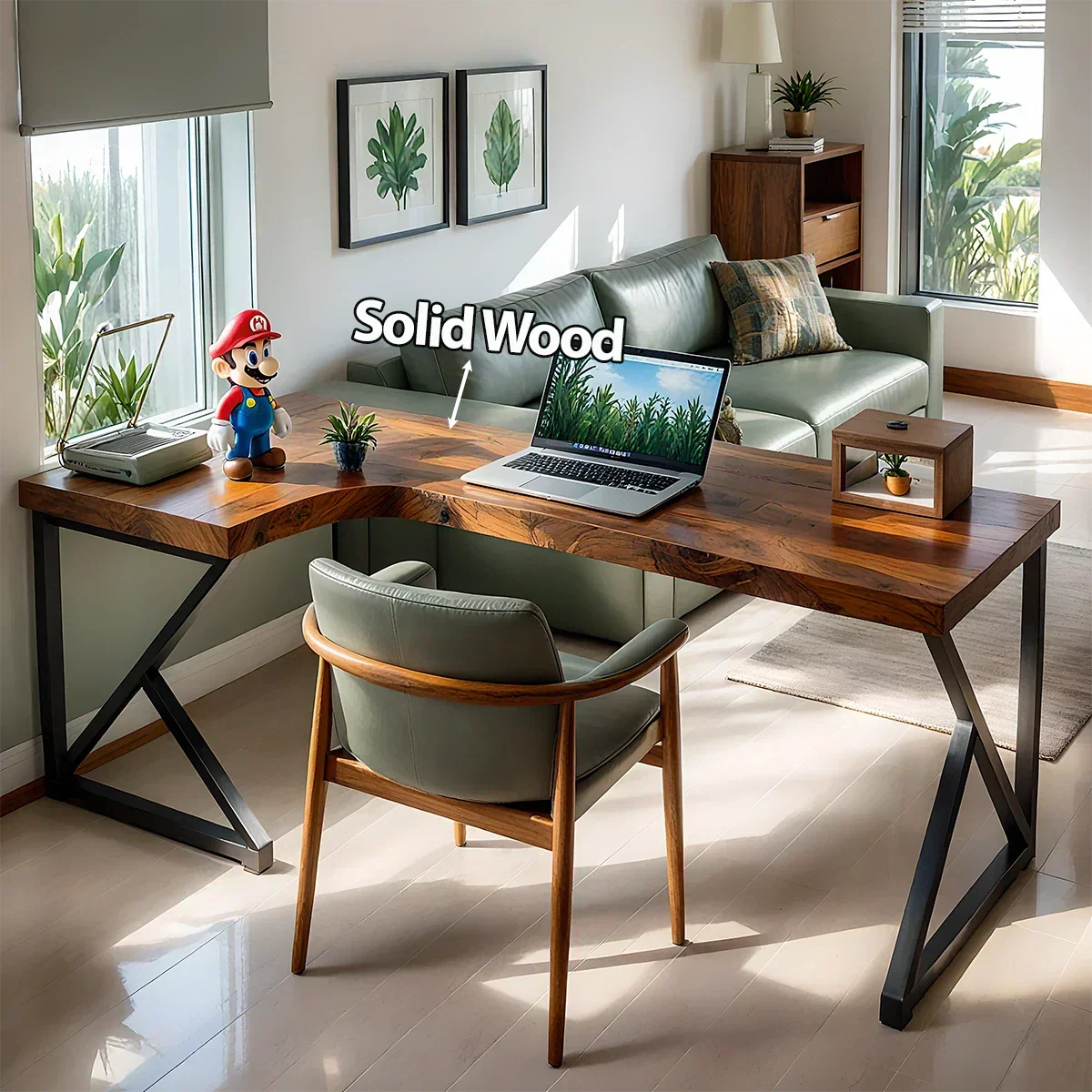 L-Shaped Solid Wood Desk with Steel Z-Frame - Rustiracraft