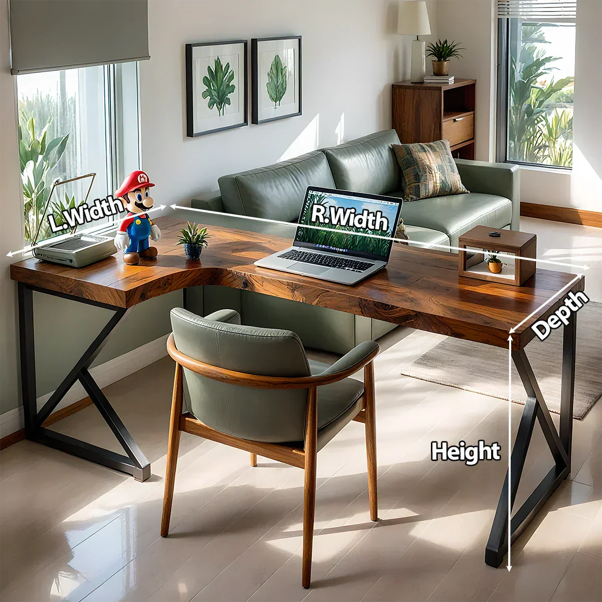 L-Shaped Solid Wood Desk with Steel Z-Frame - Rustiracraft