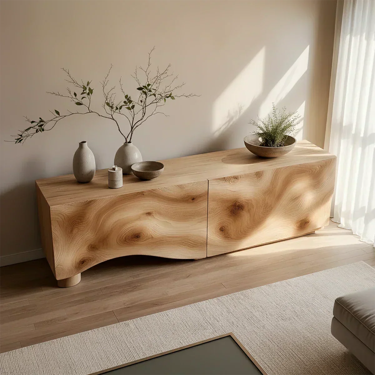 Light Burl Wave Solid Wood TV Console – Minimal Organic Design - Rustiracraft