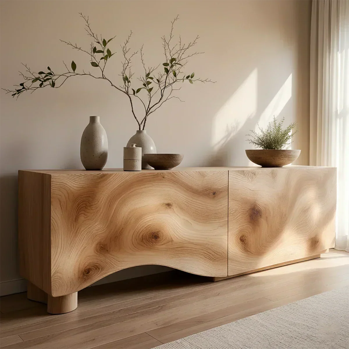 Light Burl Wave Solid Wood TV Console – Minimal Organic Design - Rustiracraft